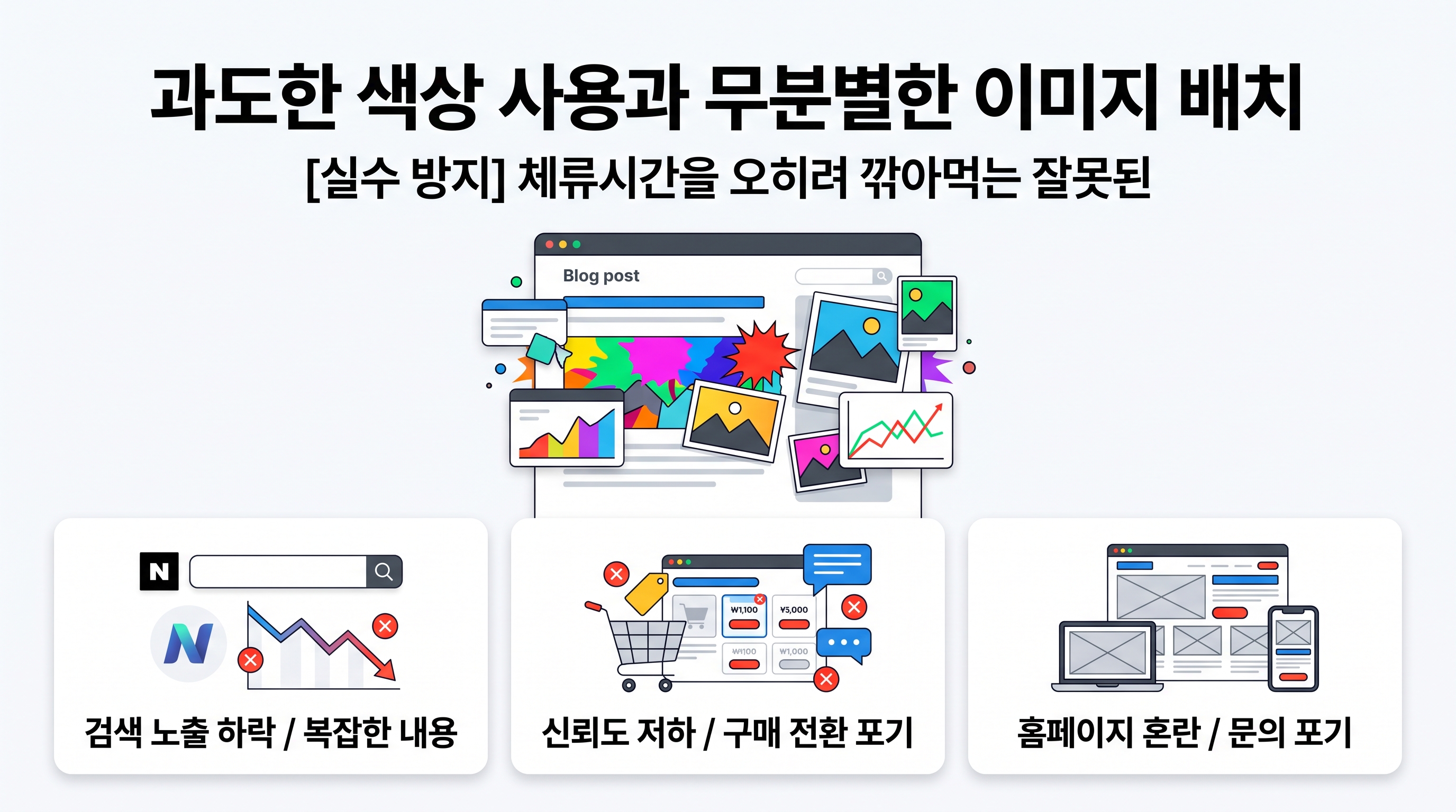 과도한 색상 사용과 무분별한 이미지 배치로 산만해진 블로그 글의 나쁜 예시