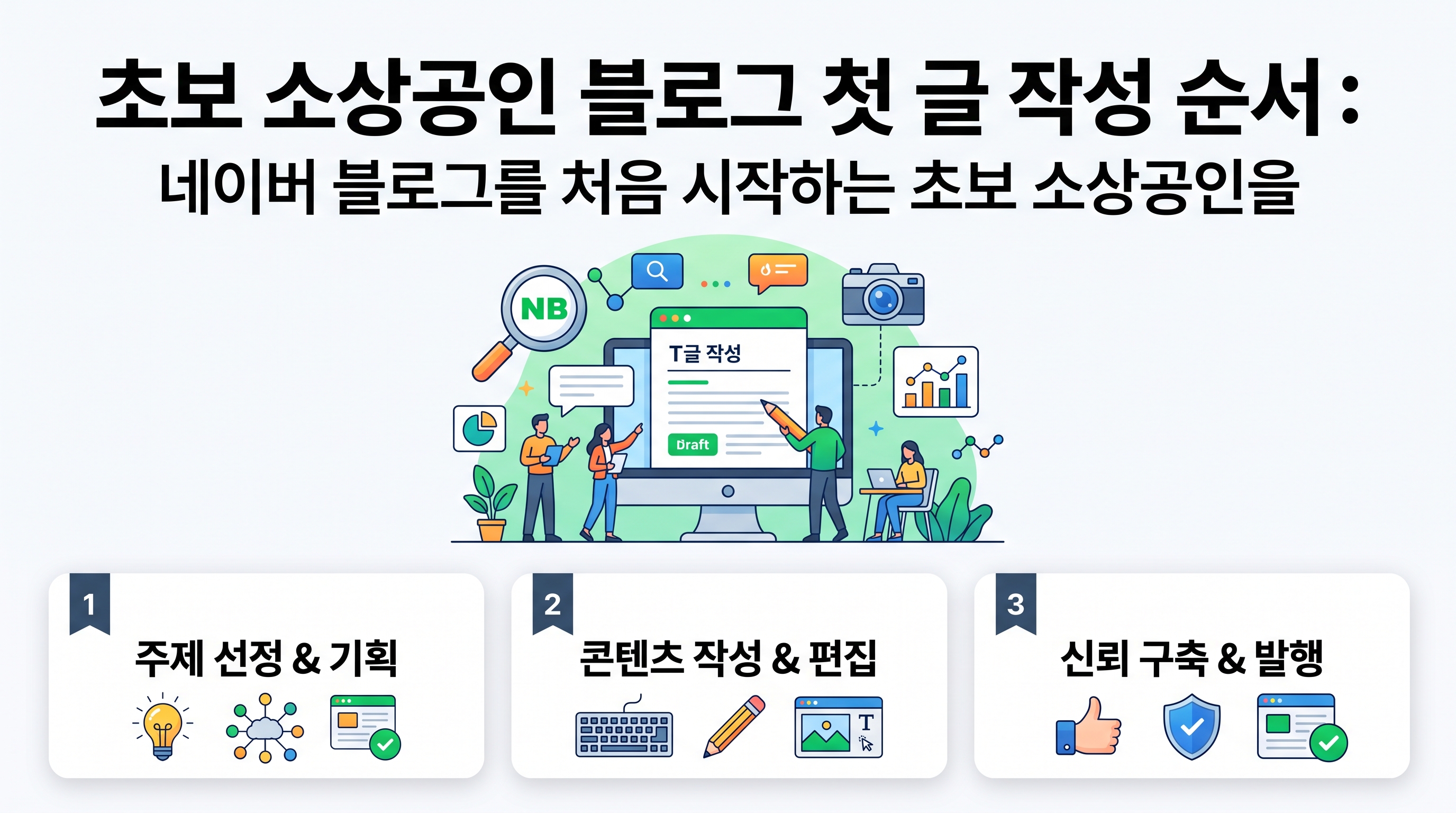 네이버 블로그 첫 글을 작성하기 위해 노트북 앞에 앉아 고민하는 소상공인 대표의 모습