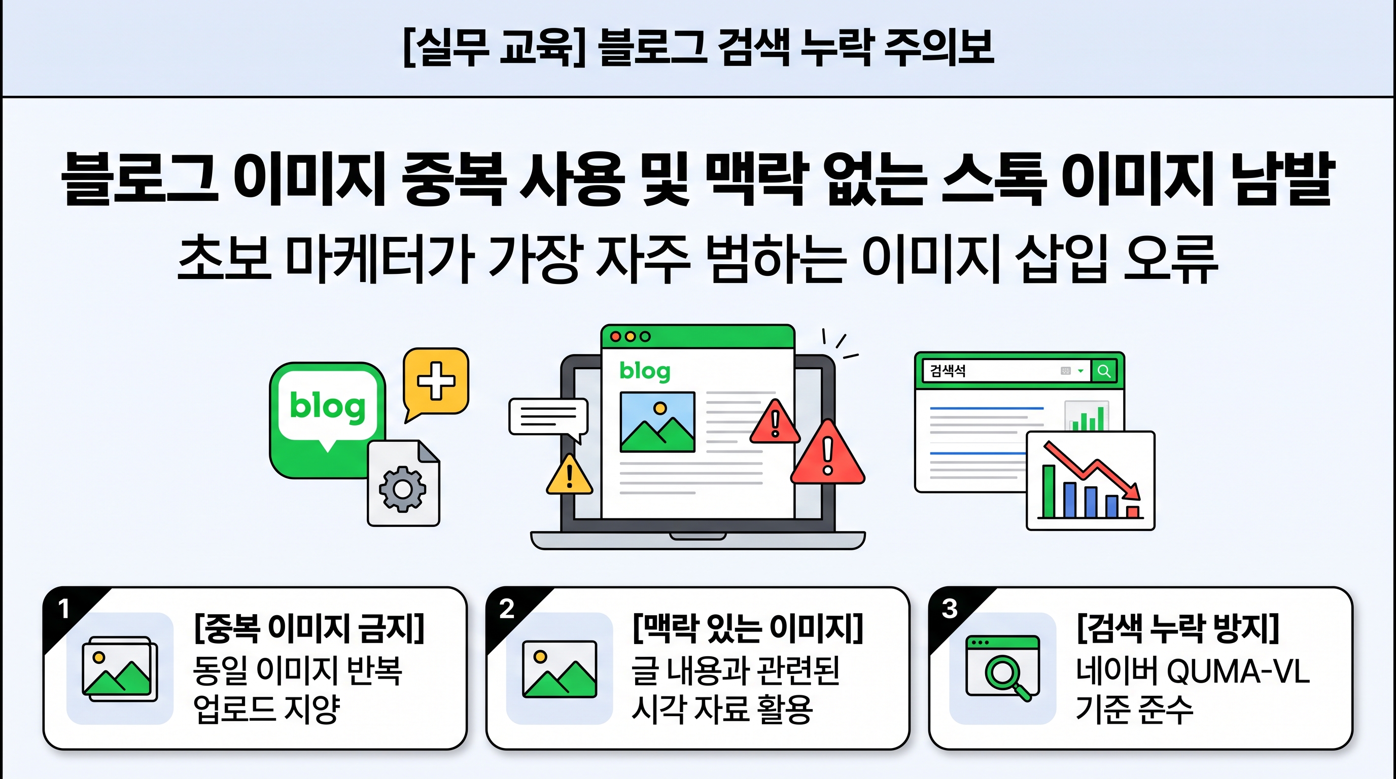 블로그 이미지 중복 사용 및 맥락 없는 스톡 이미지 남발로 인한 검색 누락 경고 예시