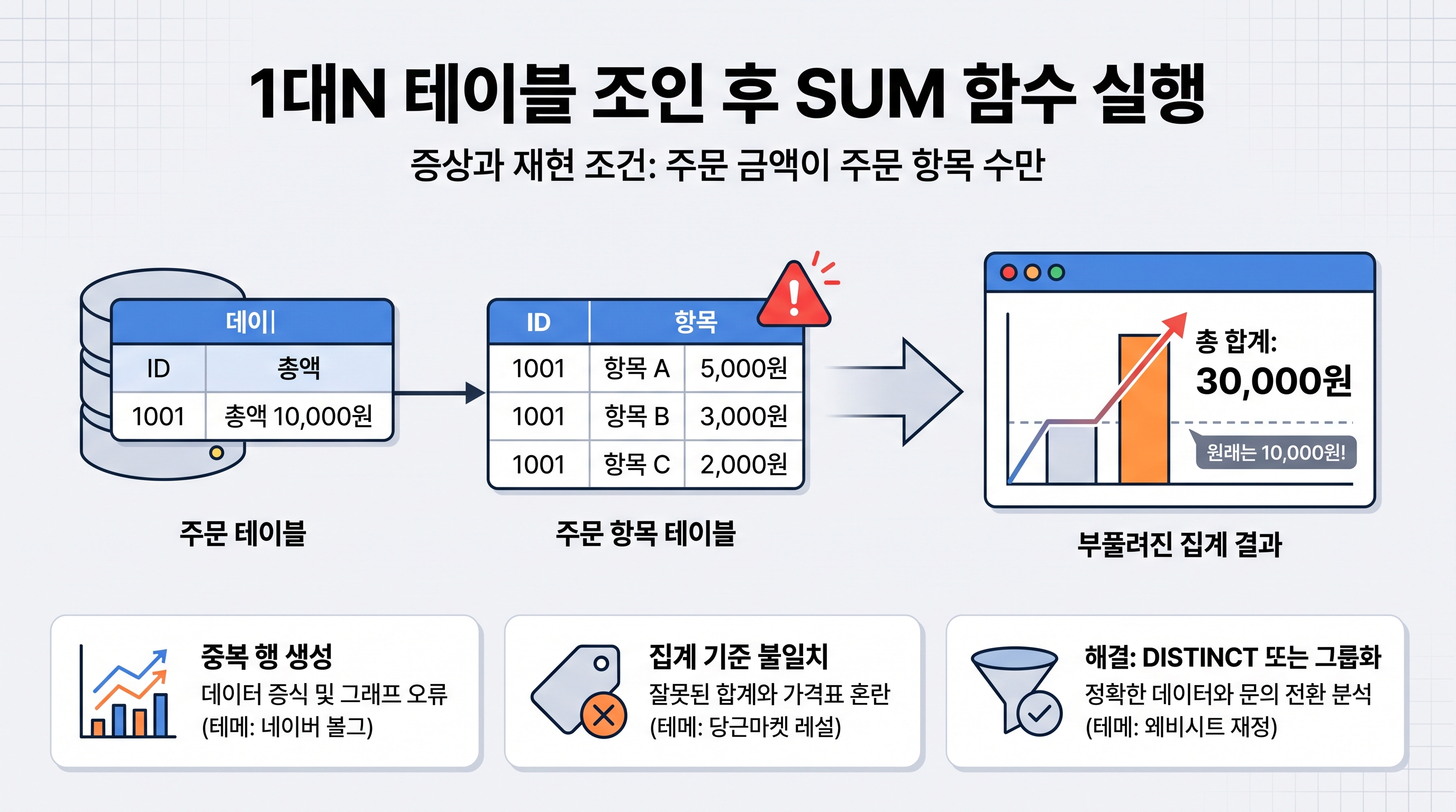 1대N 테이블 조인 후 SUM 함수 실행 시 부풀려진 집계 결과 화면
