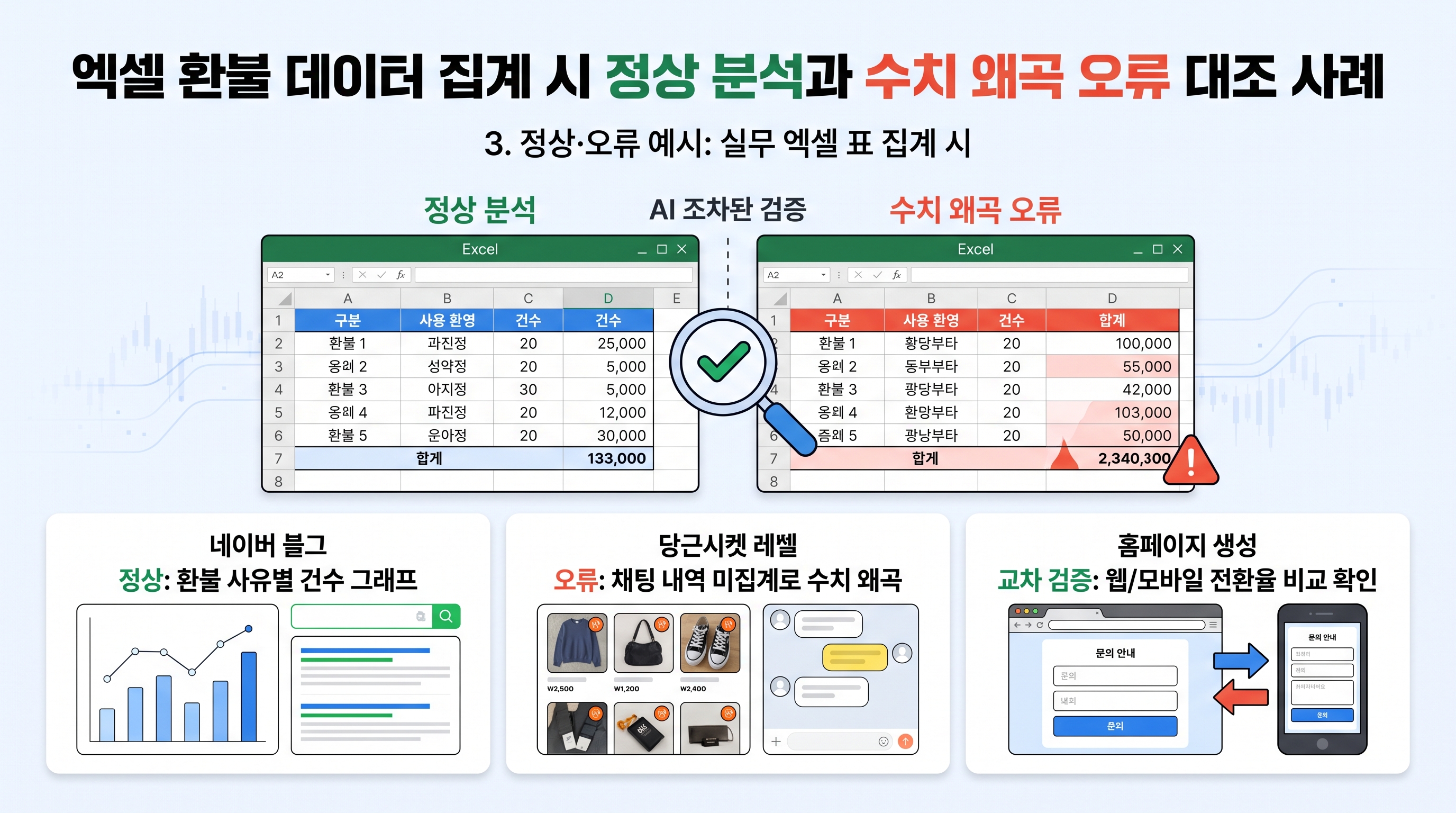 엑셀 환불 데이터 집계 시 정상 분석과 수치 왜곡 오류 대조 사례