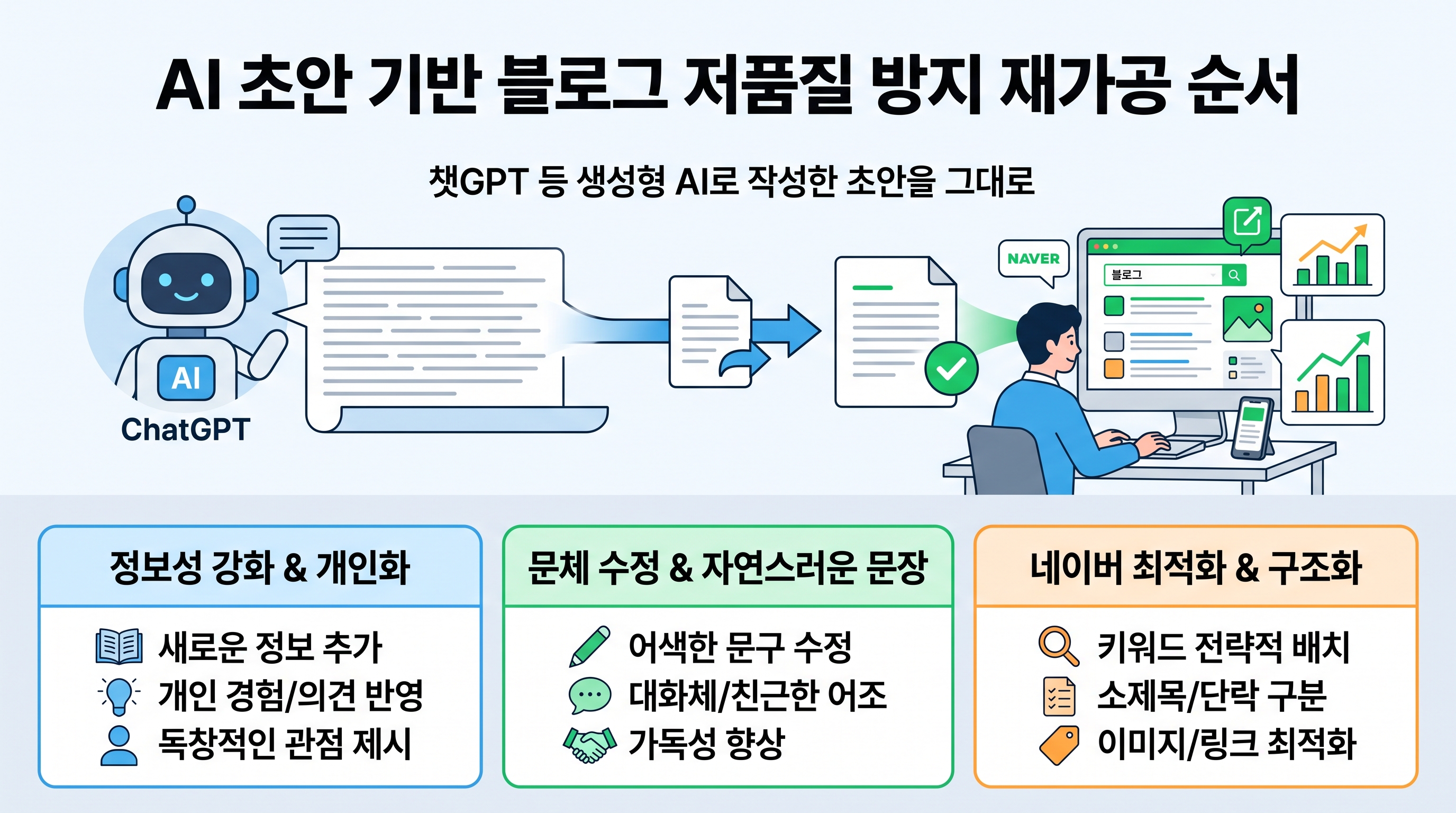 AI 초안 기반 블로그 저품질 방지 재가공 순서를 설명하는 인포그래픽 이미지