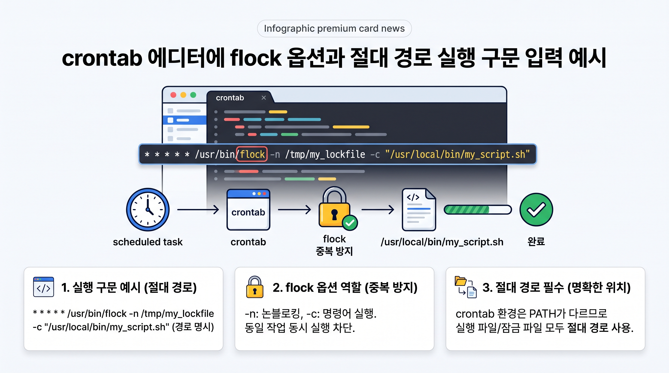 crontab 에디터에 flock 옵션과 절대 경로를 포함한 실행 구문 입력 예시