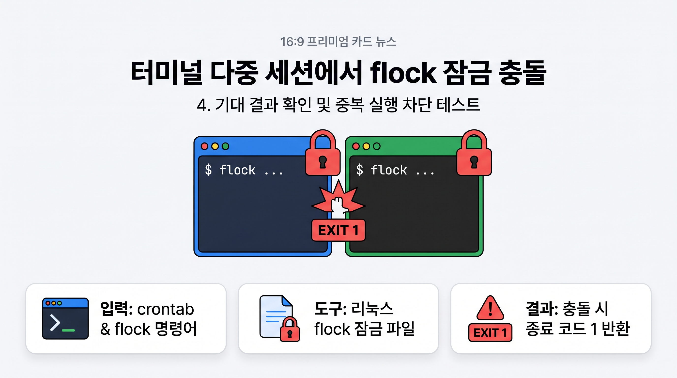 터미널 다중 세션에서 flock 잠금 충돌 시 종료 코드 1 반환 테스트 결과
