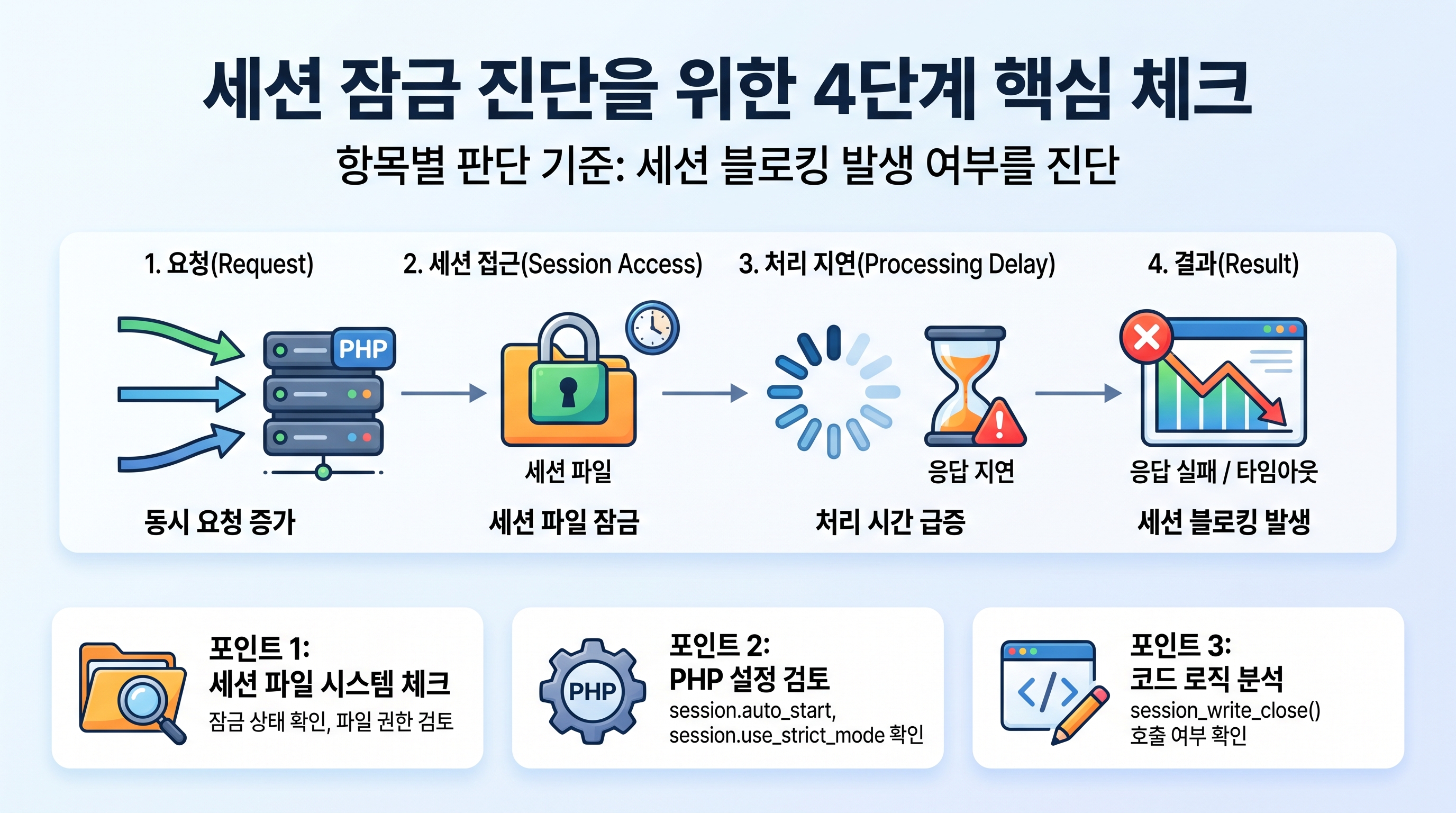 세션 잠금 진단을 위한 4단계 핵심 체크포인트 다이어그램